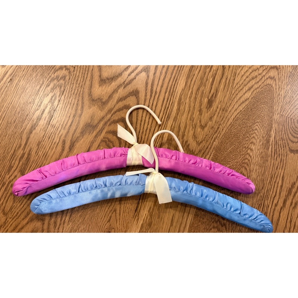 2 Vintage Satin & Cloth Padded Coat Hangers Blue Pink Adult Full Size
